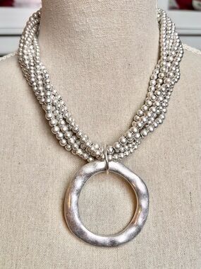 Venera Arapu Silver Multi-Strand Beaded Statement Necklace Open Ring Pendant